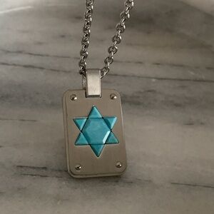 Turquoise and Stainless Steel Star of David Dog Tag On 20” Chain